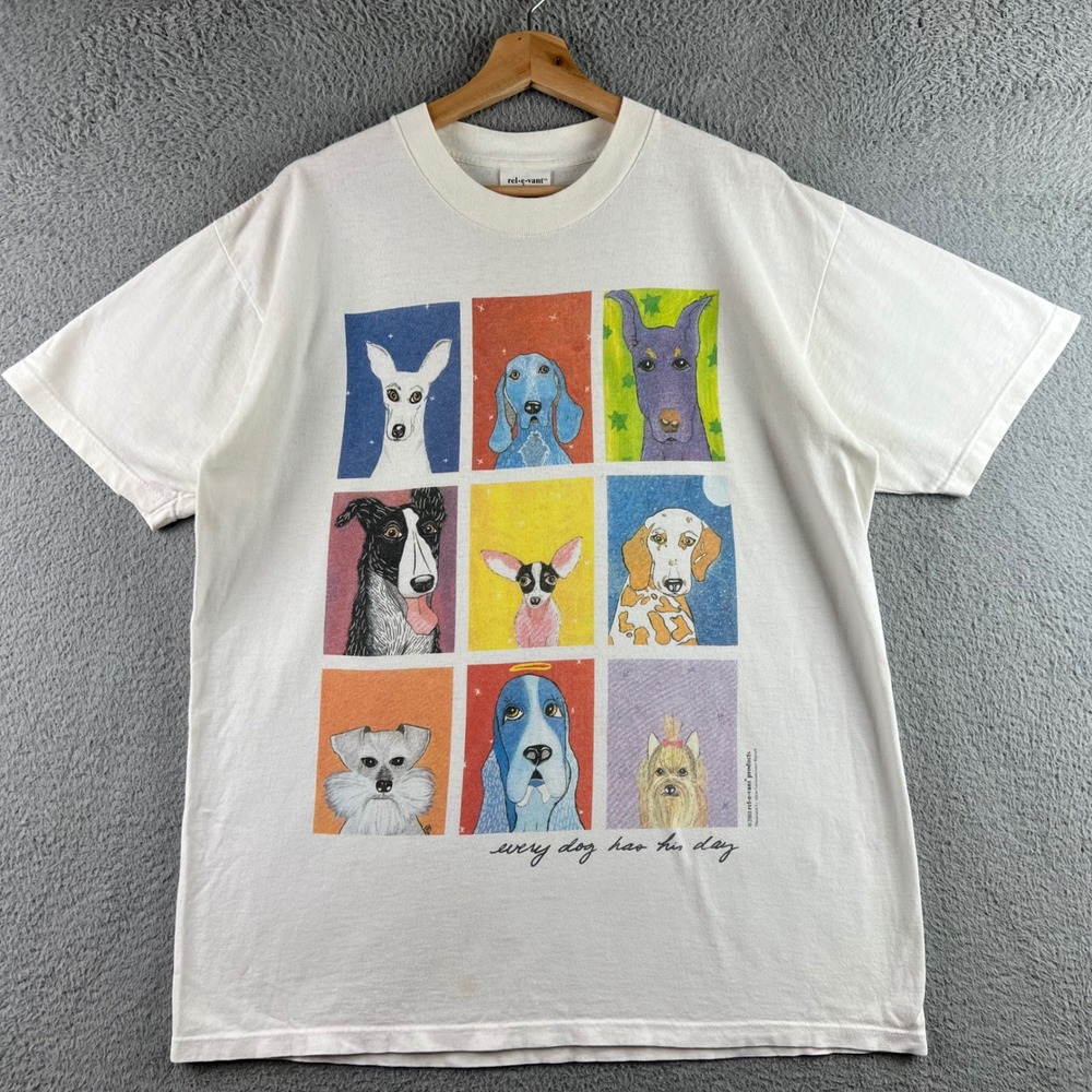 Vintage 2000 Relevant Products Every Dog Has His Day Graphic T-Shirt White Large